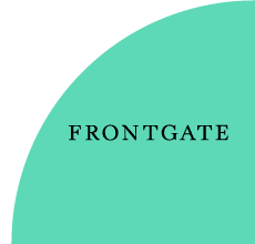 Frontgate logo with green curved background