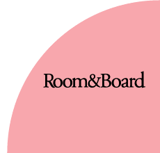 Room & Board logo with pink curved background