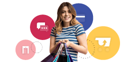 Woman holding shopping bags and showing customer journey