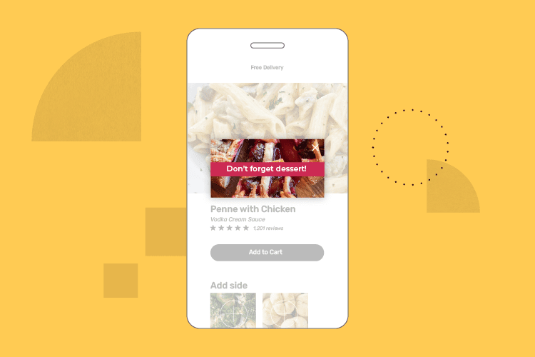Mobile site with a lightbox to add dessert to cart