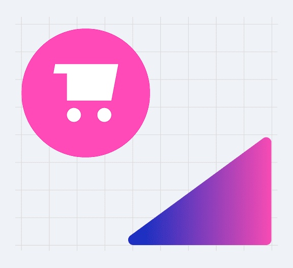 Pink shopping cart icon inside a circle next to a gradient triangular shape in blue to pink, set on a light grid background.